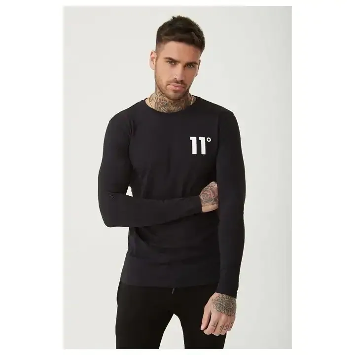 11 Degrees  |Crew Neck Long Sleeves Cotton Long Sleeve T-shirt Logo