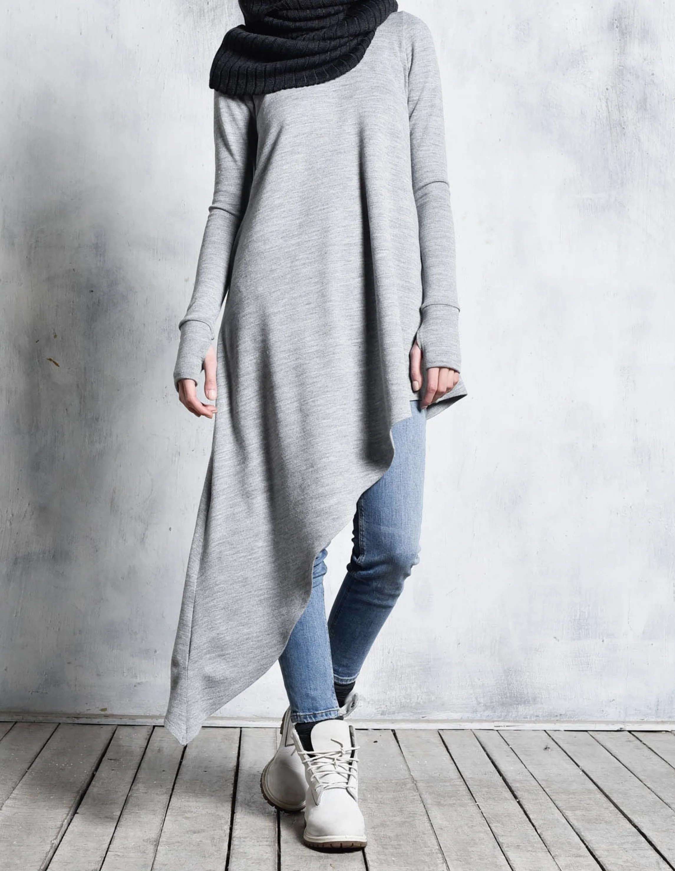 Aakasha  |Long Sleeves Plain Cotton Long Handmade Bold Asymmetry