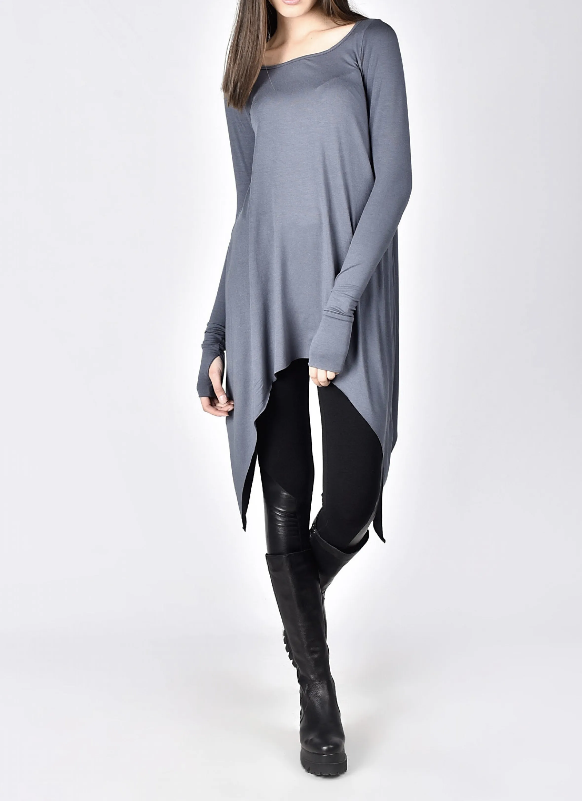 Aakasha  |Long Sleeves Plain Medium Long Handmade Asymmetry Tunics