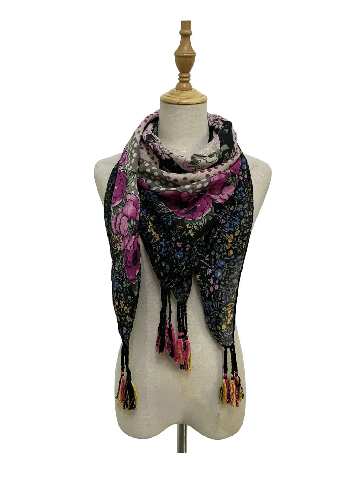 Black Floral Polka Dot Border Tassel Scarf