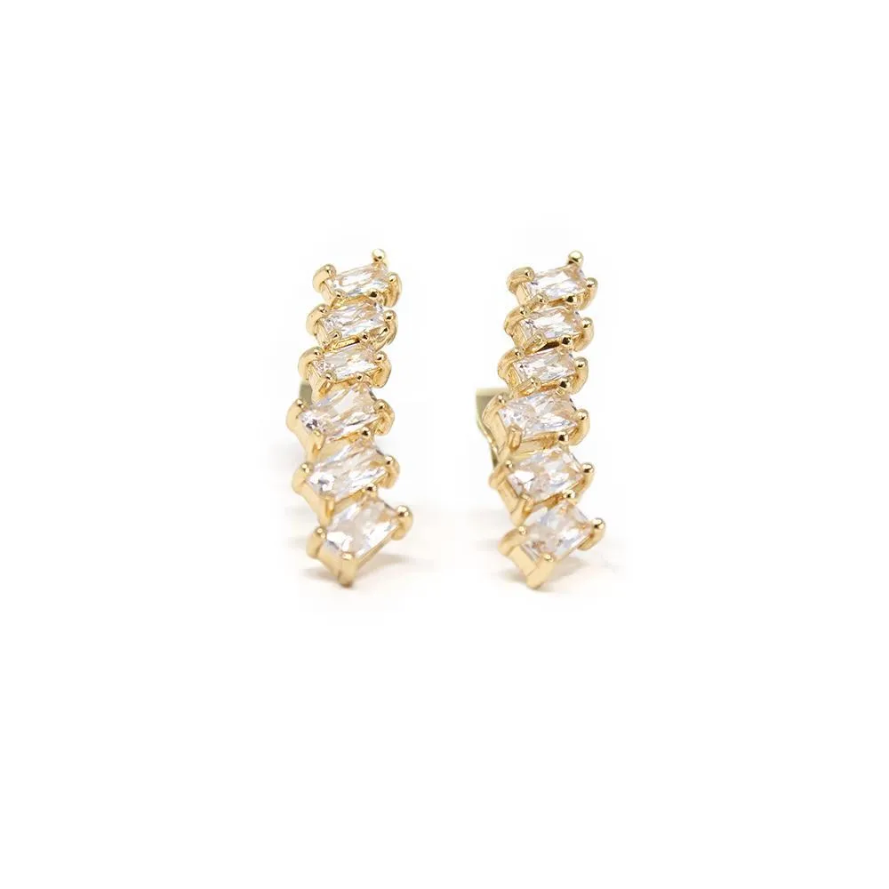 CZ Line Square Stud Earrings Gold Tone