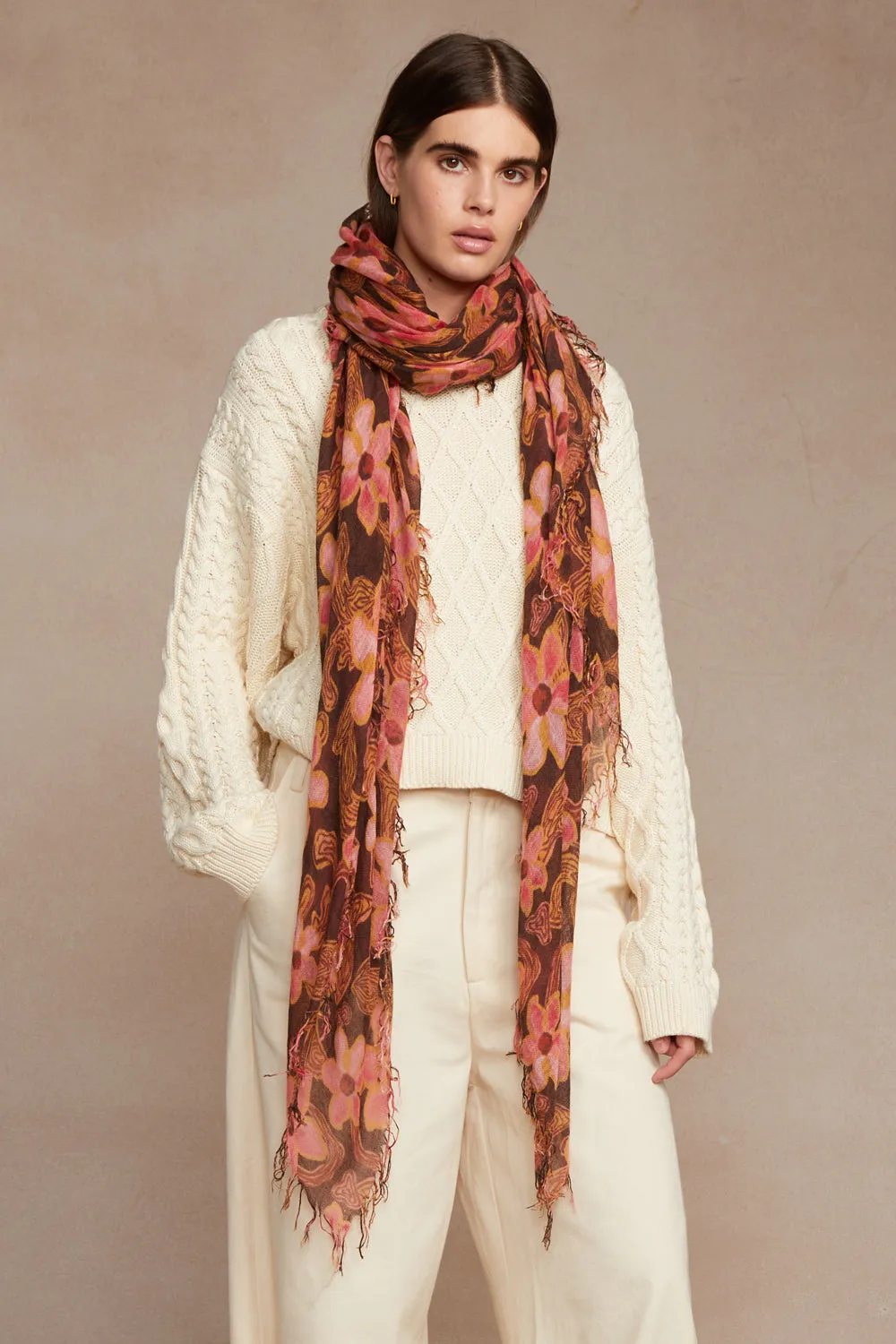 Fired Brick Meadow Floral Cashmere and Silk Scarf