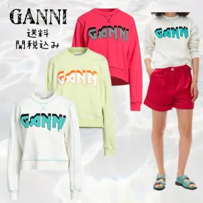 Ganni  |Crew Neck Rib Long Sleeves Cotton Logo Hoodies & Sweatshirts