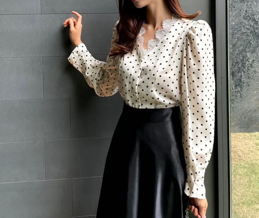 I AM MARI  |Dots Long Sleeves Puff Sleeves Shirts & Blouses