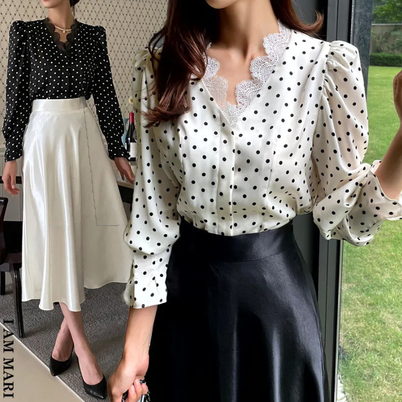 I AM MARI  |Dots Long Sleeves Puff Sleeves Shirts & Blouses