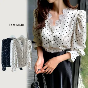 I AM MARI  |Dots Long Sleeves Puff Sleeves Shirts & Blouses