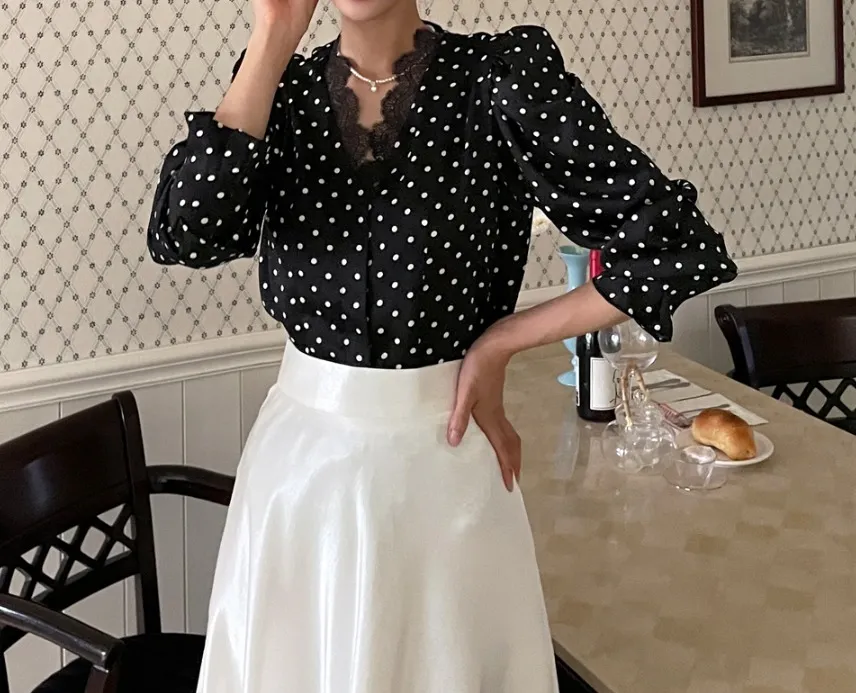 I AM MARI  |Dots Long Sleeves Puff Sleeves Shirts & Blouses