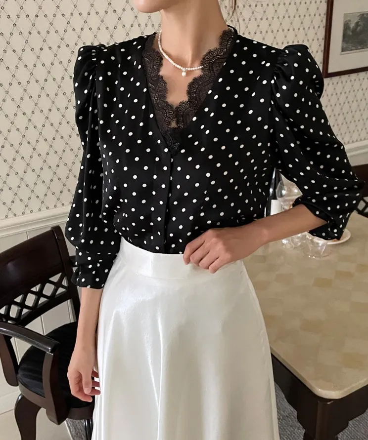 I AM MARI  |Dots Long Sleeves Puff Sleeves Shirts & Blouses