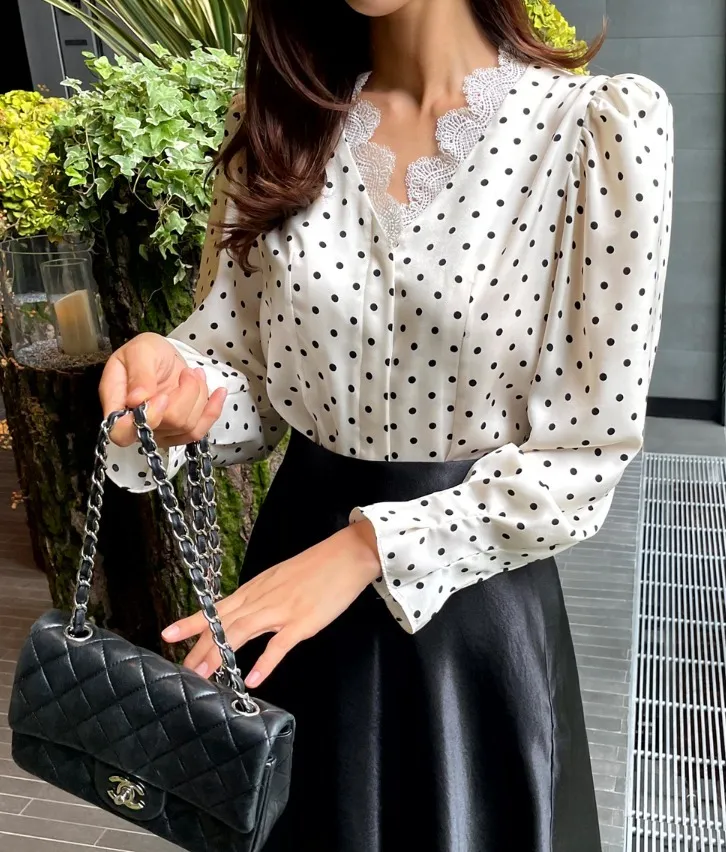 I AM MARI  |Dots Long Sleeves Puff Sleeves Shirts & Blouses