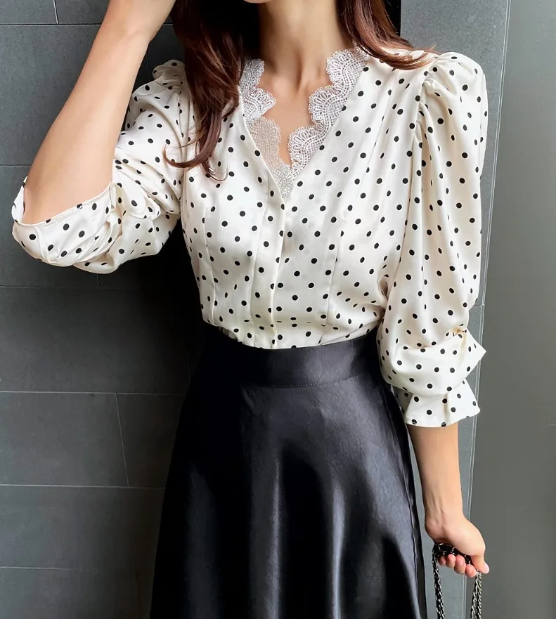 I AM MARI  |Dots Long Sleeves Puff Sleeves Shirts & Blouses