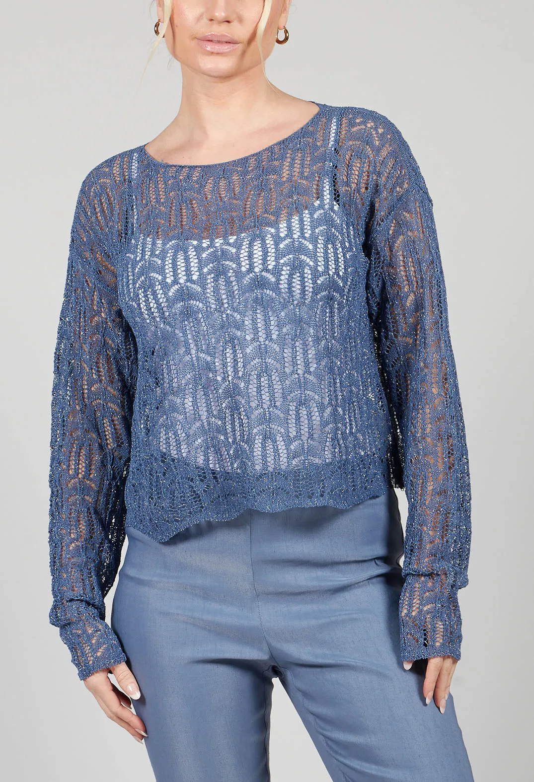 Lace Round-Neck Jumper in Steel Blue