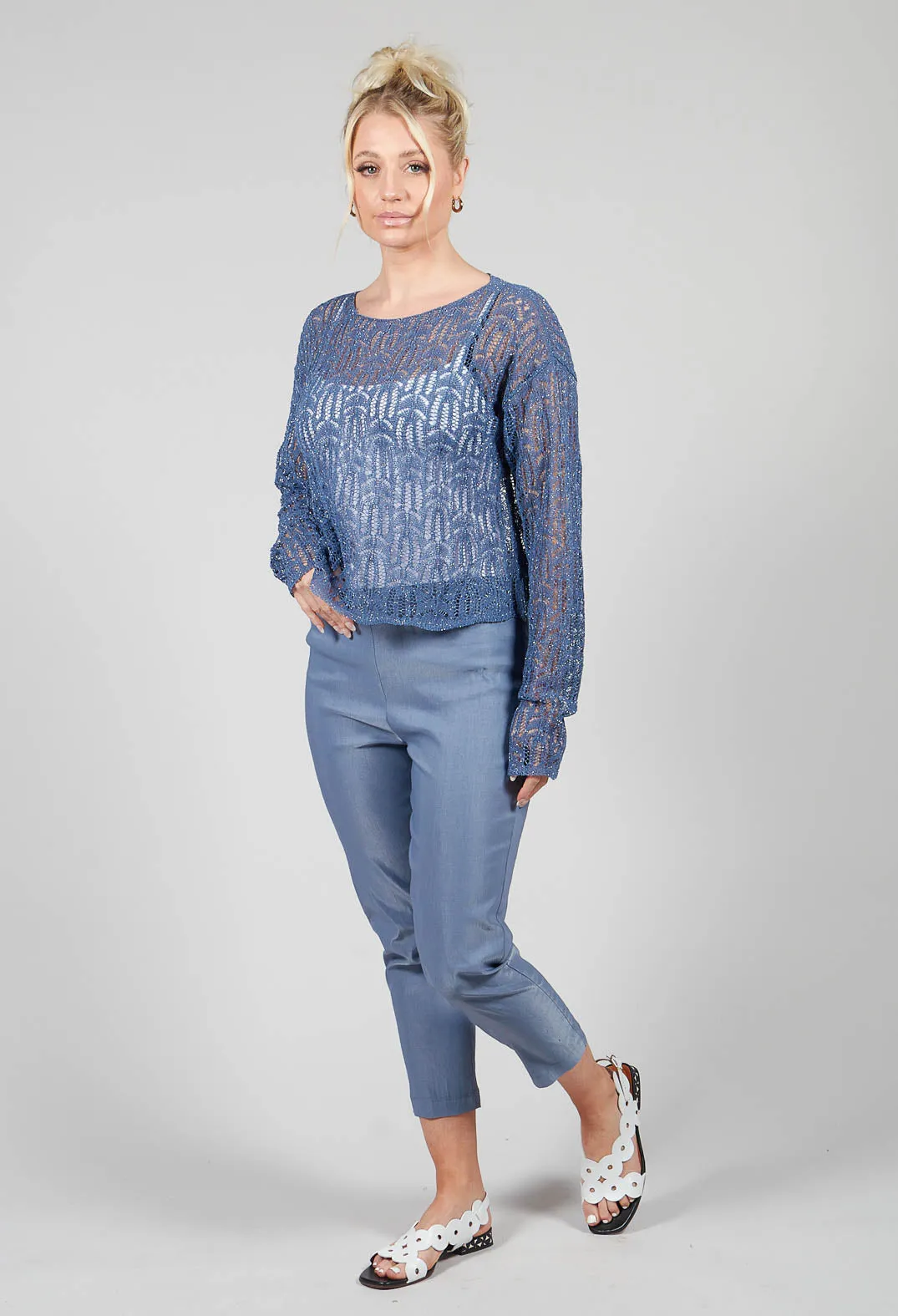 Lace Round-Neck Jumper in Steel Blue