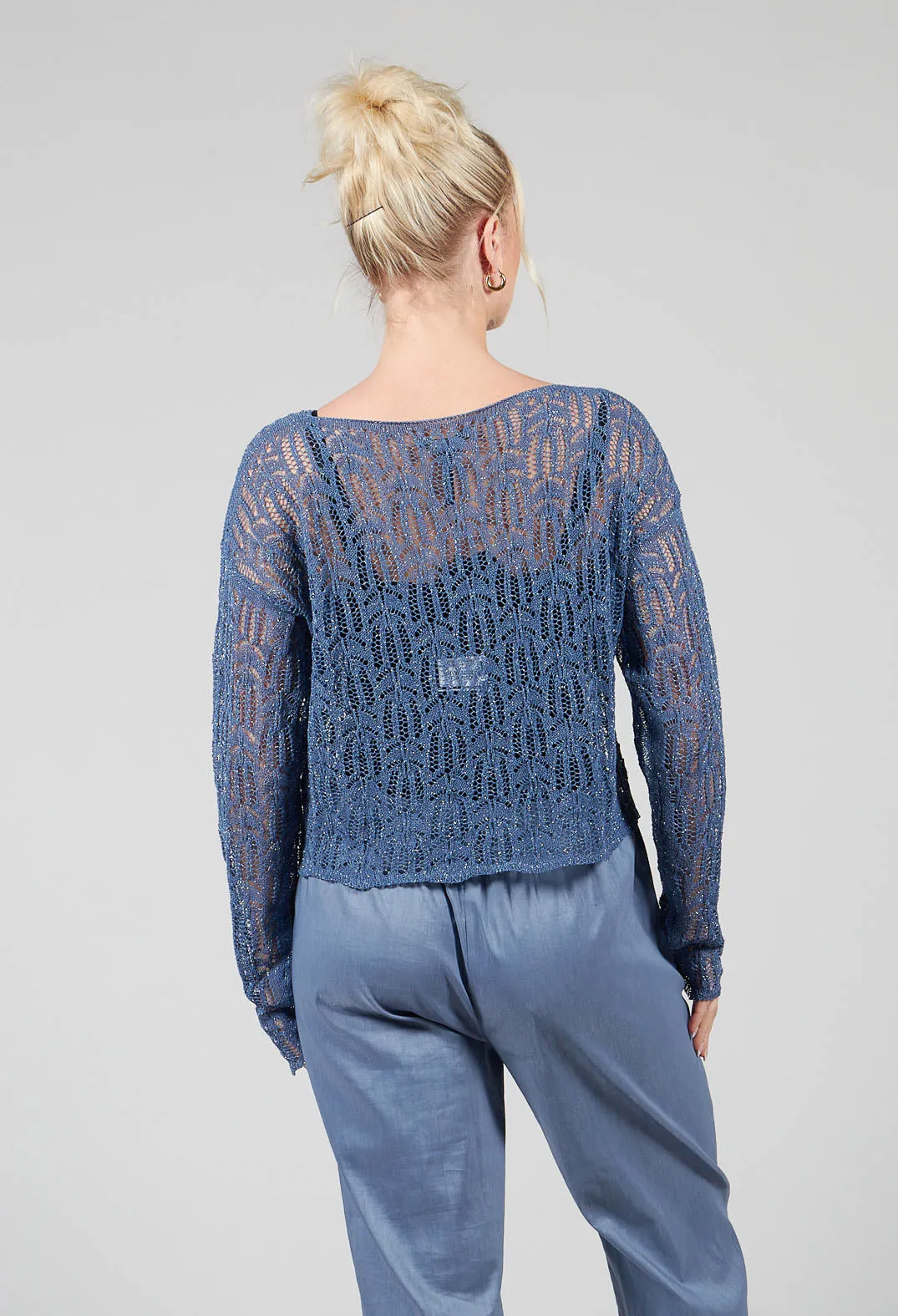 Lace V-Neck Jumper in Steel Blue