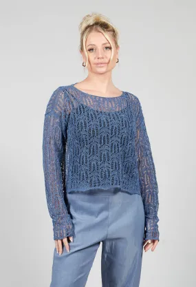 Lace V-Neck Jumper in Steel Blue