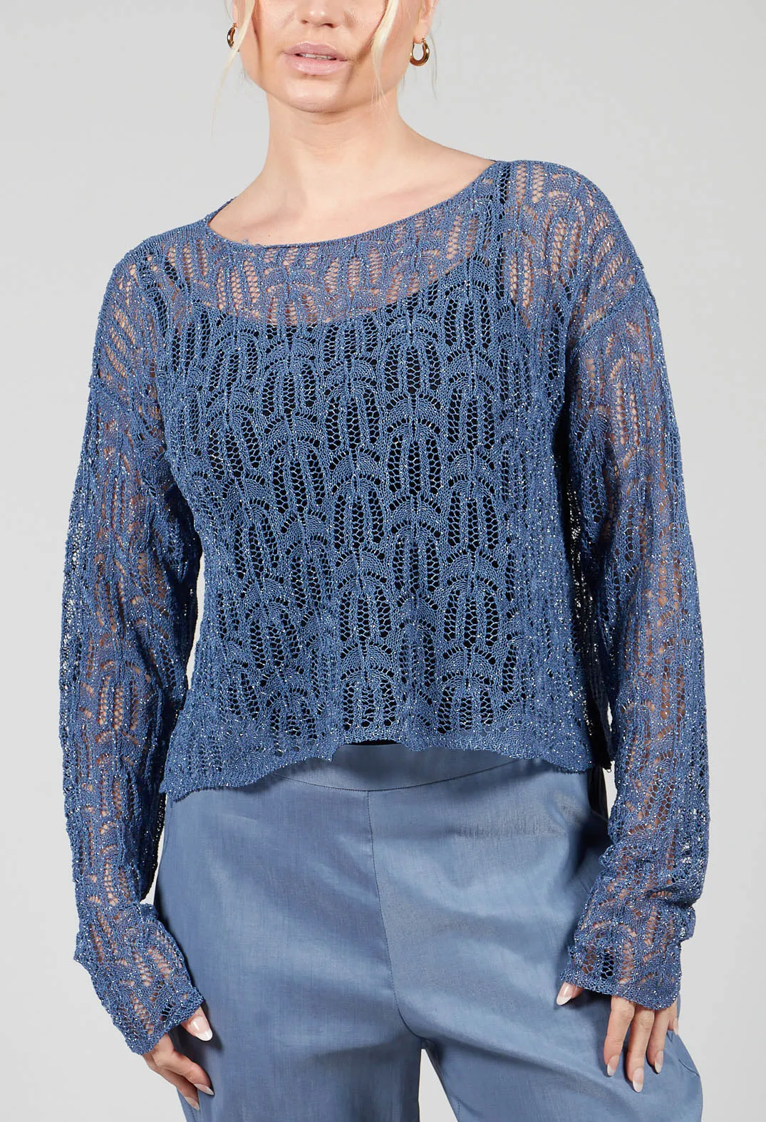 Lace V-Neck Jumper in Steel Blue