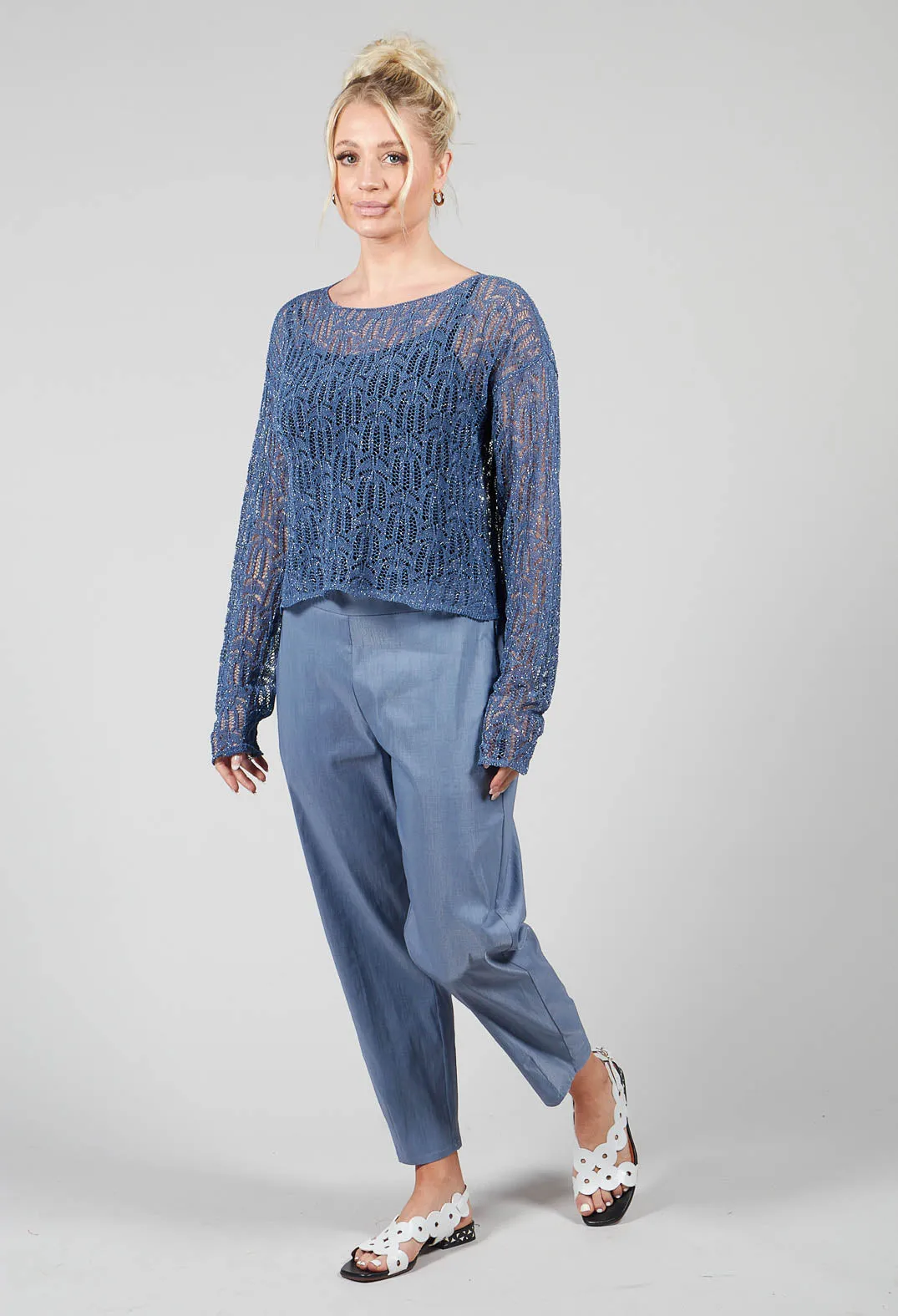 Lace V-Neck Jumper in Steel Blue