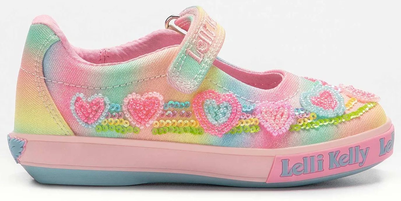 Lelli Kelly LK 2041 Nadia Rainbow Hearts Multi Glitter Sparkle Dolly Shoes