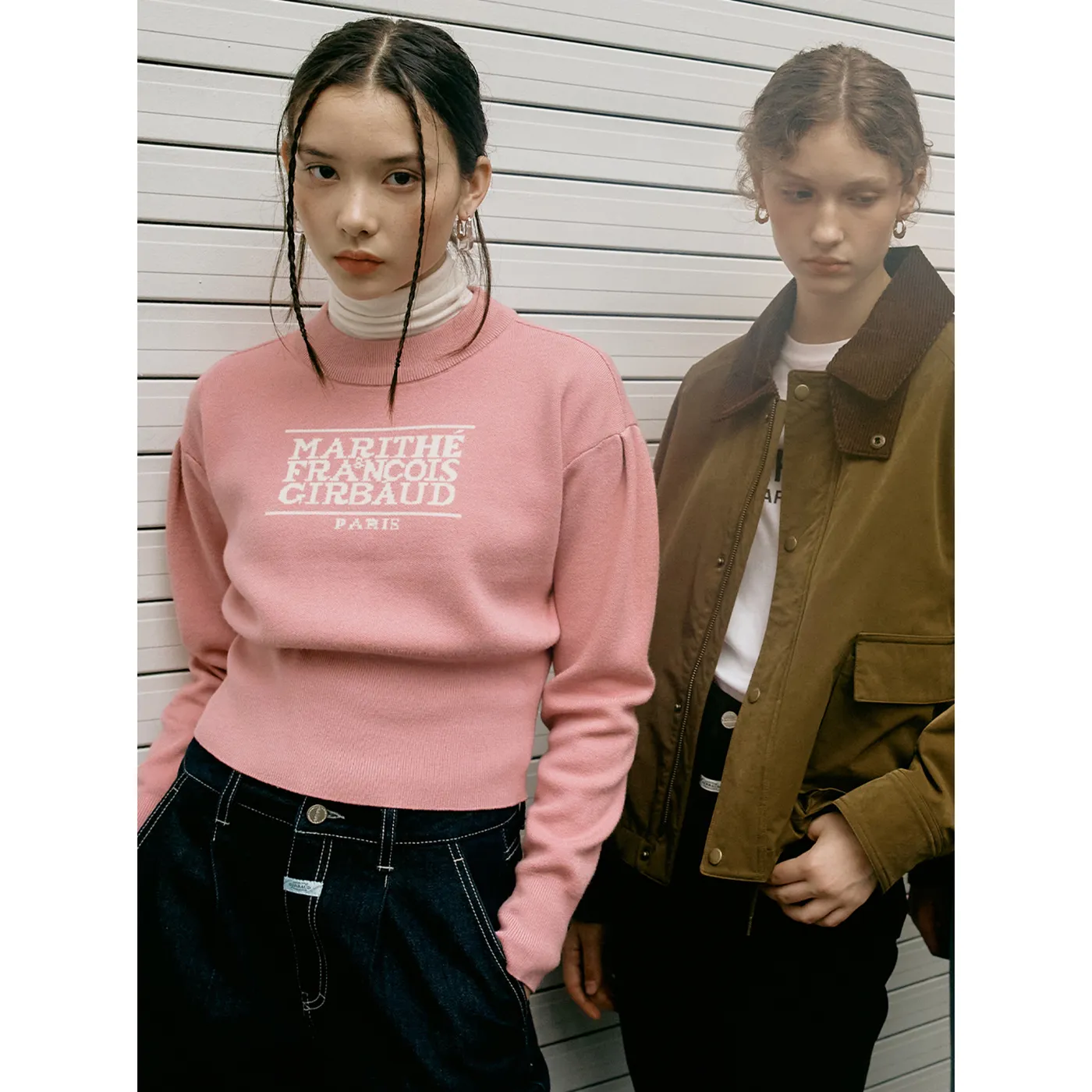 Marithe + Francois Girbaud  |Crew Neck Casual Style Nylon Rib Street Style Long Sleeves