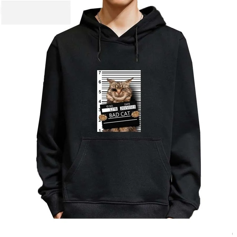 Men's Winter Casual Funny Criminal Cat Pattern Coton O-Neck Hoodies