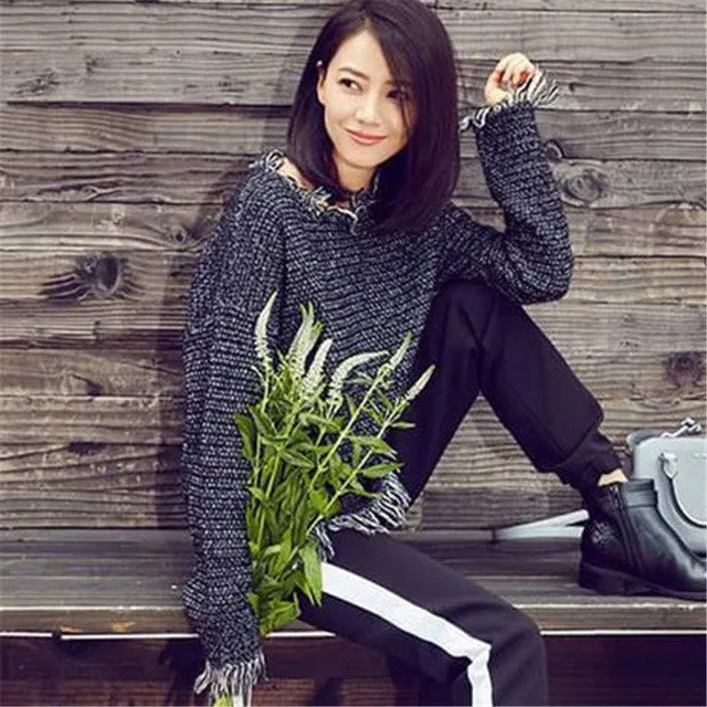 New Fashion Female Pullovers Knitted Long Sleeve O-neck Winter Irregular Bling Sweaters With Sequins 72052 SM6