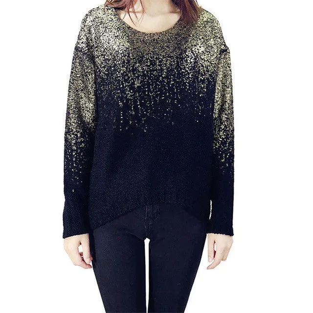 New Fashion Female Pullovers Knitted Long Sleeve O-neck Winter Irregular Bling Sweaters With Sequins 72052 SM6