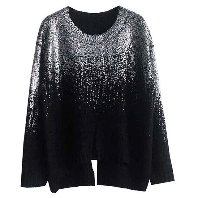 New Fashion Female Pullovers Knitted Long Sleeve O-neck Winter Irregular Bling Sweaters With Sequins 72052 SM6