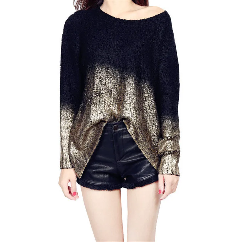 New Fashion Female Pullovers Knitted Long Sleeve O-neck Winter Irregular Bling Sweaters With Sequins 72052 SM6