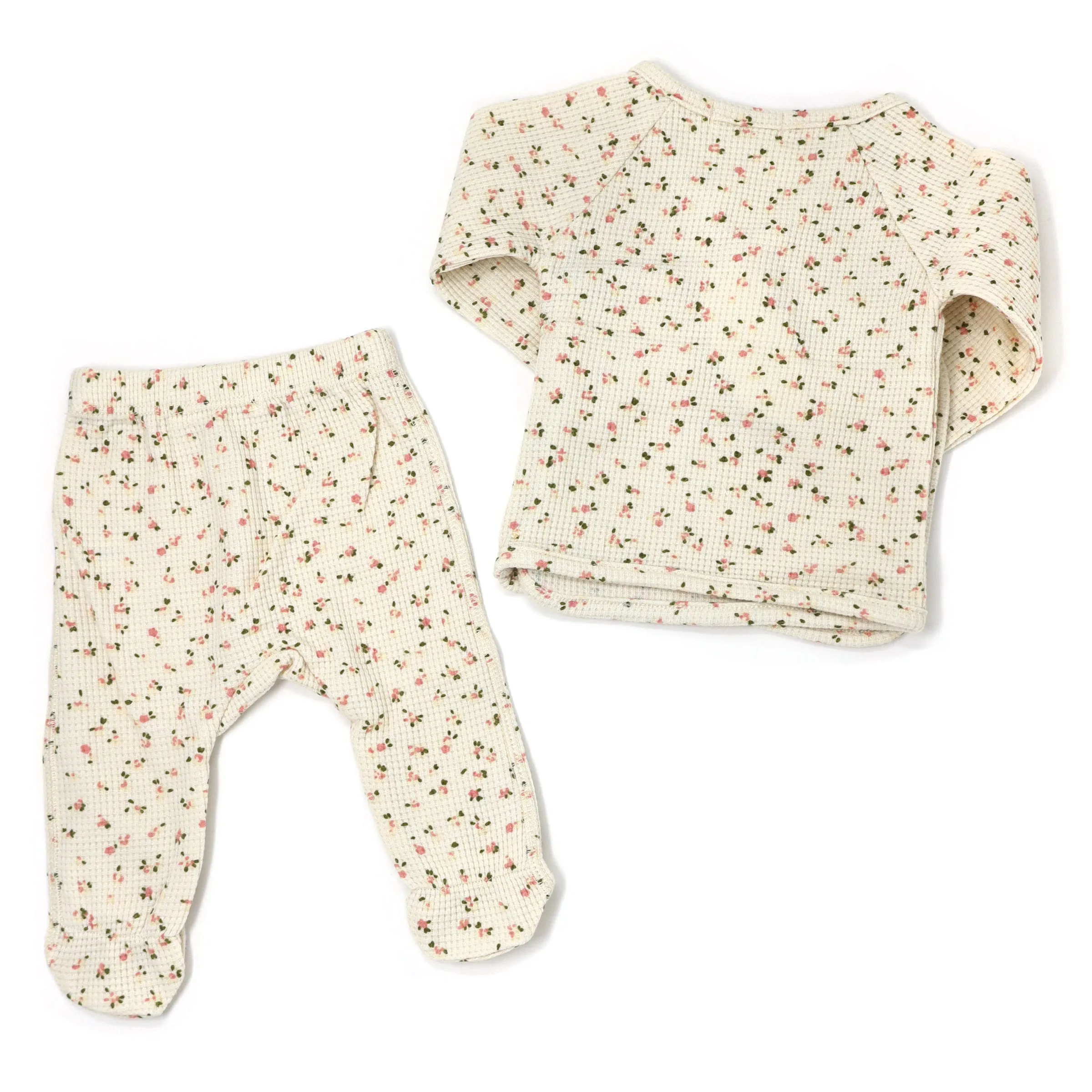 oh baby! Kimono Two Piece Footie Set - Waffle Knit - Roses - Cream