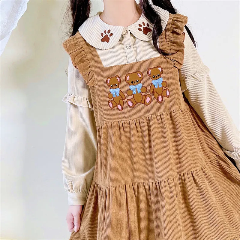 Original Lovely Japanese bear embroidered corduroy long sleeve dress BY900020