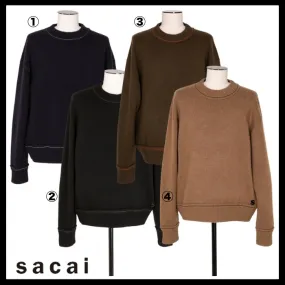 sacai  |Crew Neck Pullovers Cashmere Nylon Long Sleeves Plain Cotton