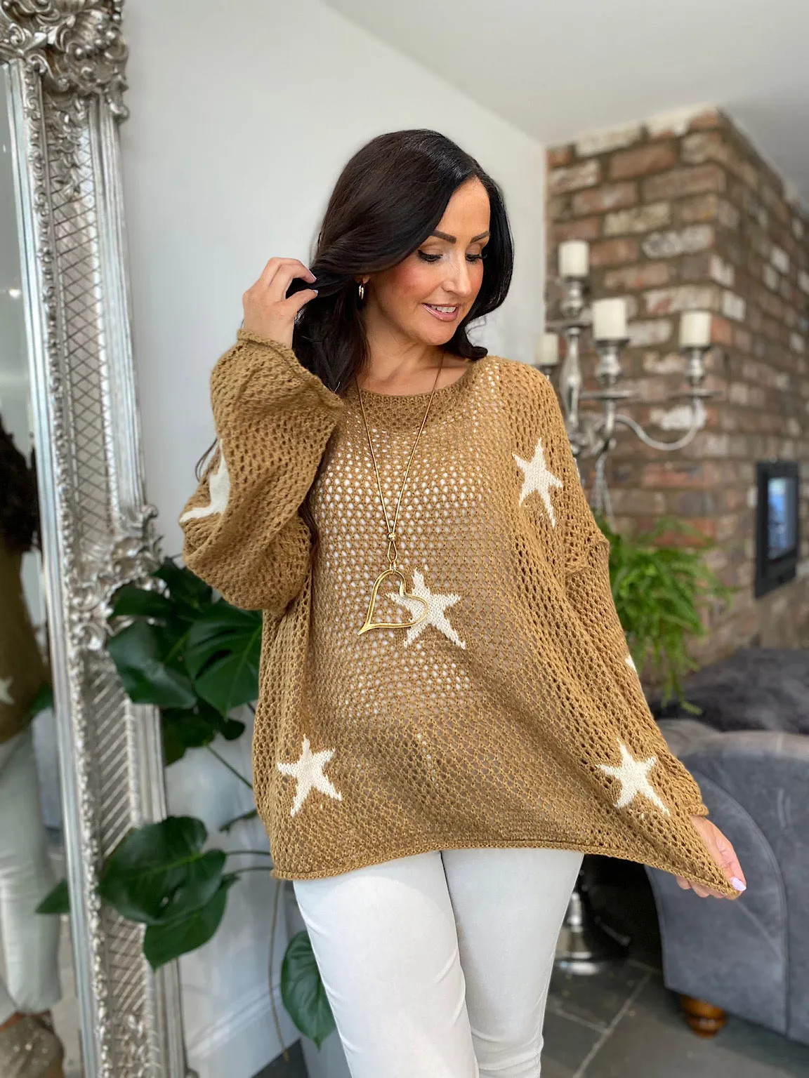 Tan Star Loose Knit Jumper Fray