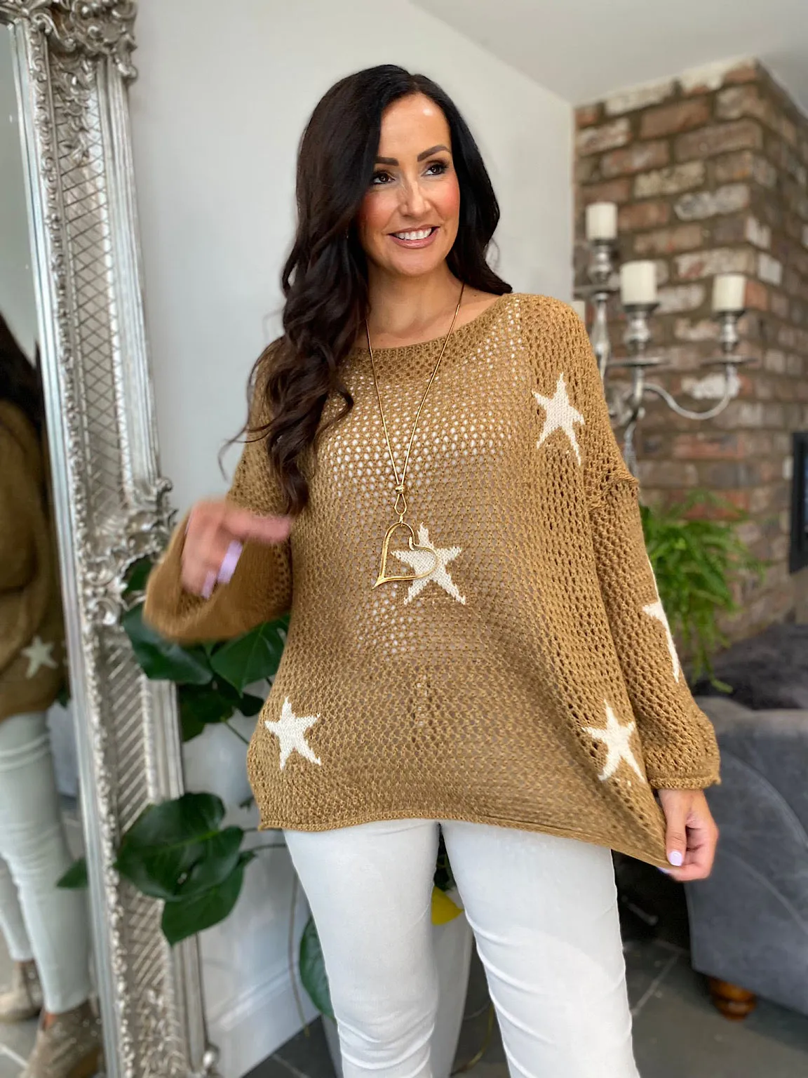 Tan Star Loose Knit Jumper Fray