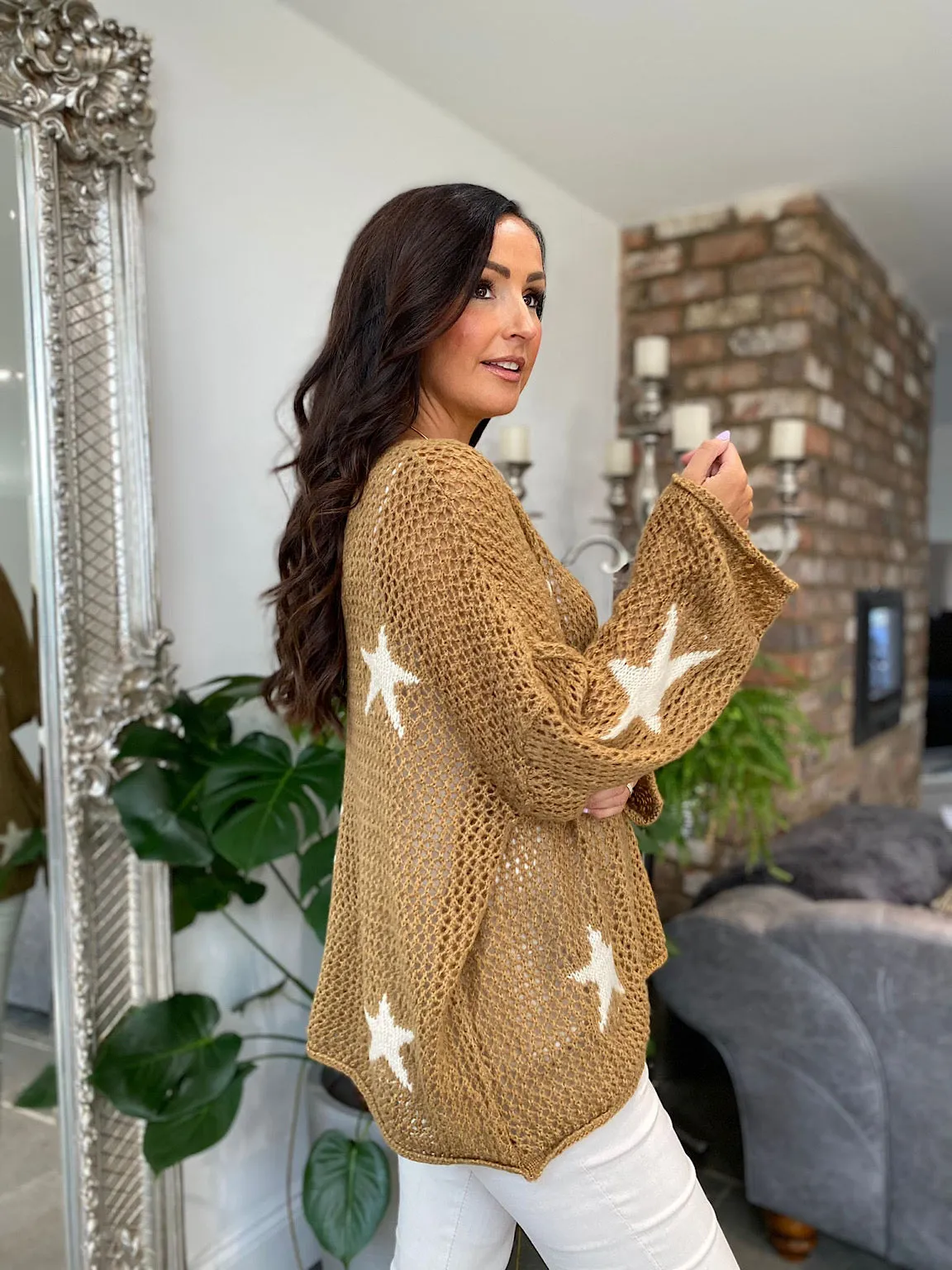 Tan Star Loose Knit Jumper Fray