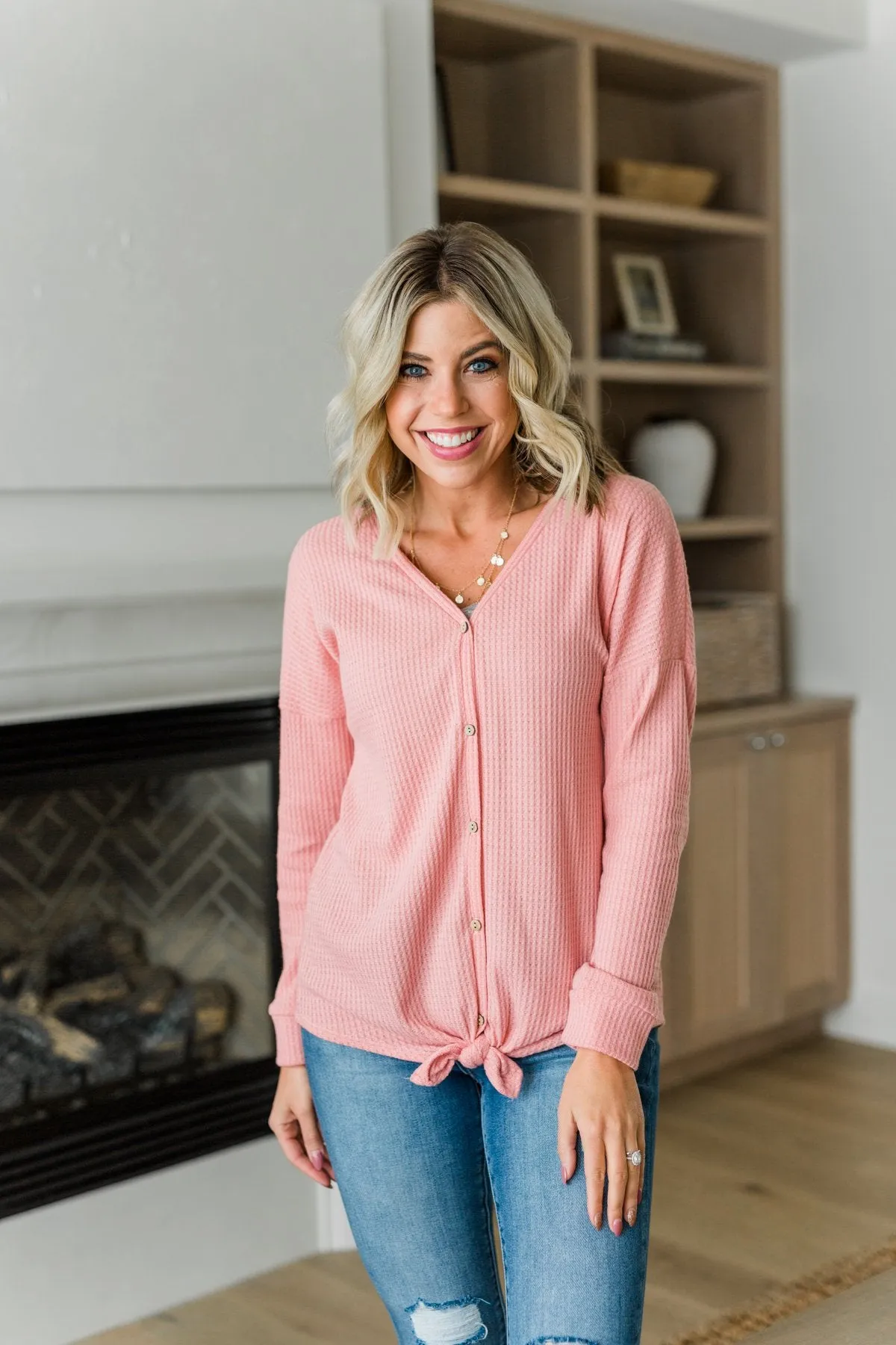 Thermal Button Knot Top- Soft Pink