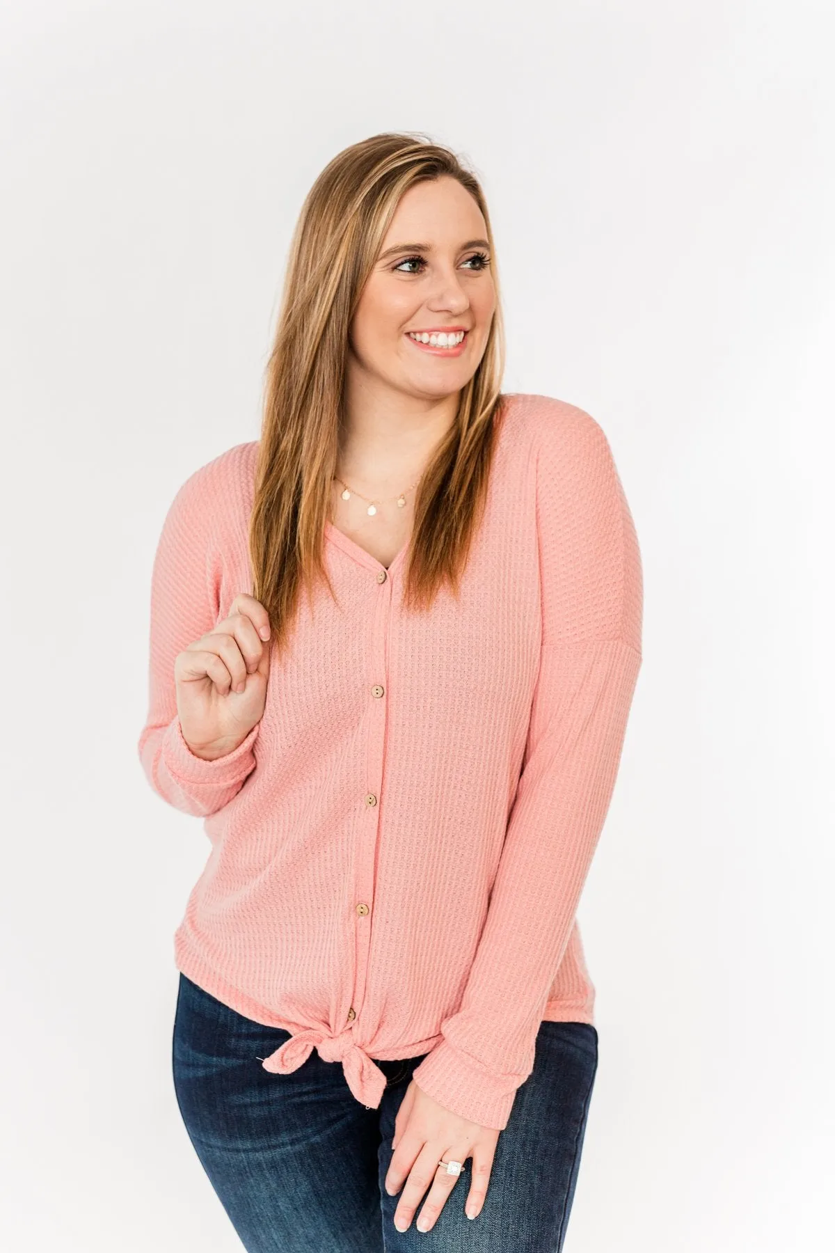 Thermal Button Knot Top- Soft Pink