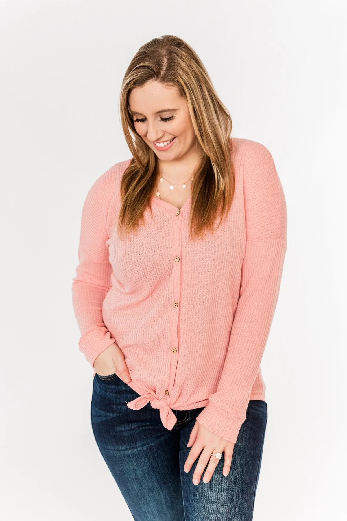 Thermal Button Knot Top- Soft Pink