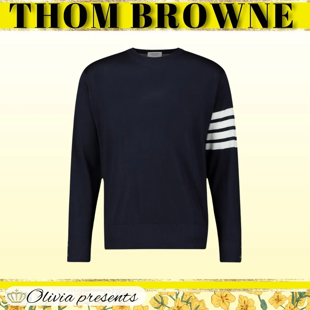 THOM BROWNE  |Crew Neck Pullovers Stripes Wool Long Sleeves Plain