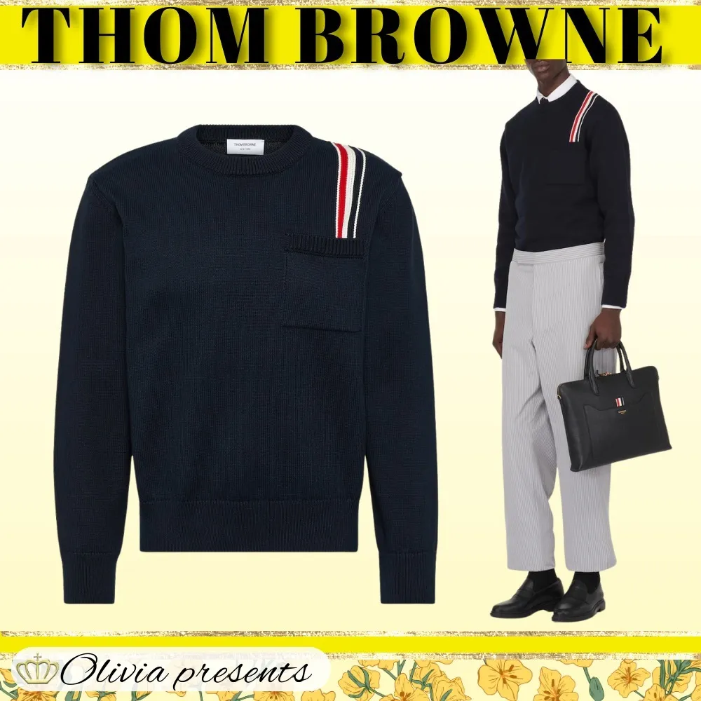 THOM BROWNE  |Pullovers Long Sleeves Plain Cotton Logo Designers Sweaters