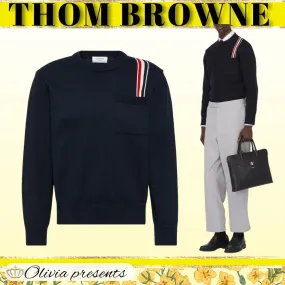 THOM BROWNE  |Pullovers Long Sleeves Plain Cotton Logo Designers Sweaters