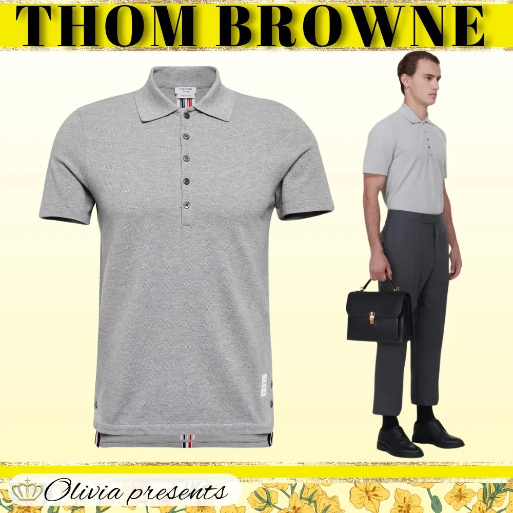 THOM BROWNE  |Pullovers Plain Cotton Short Sleeves Logo Designers Polos