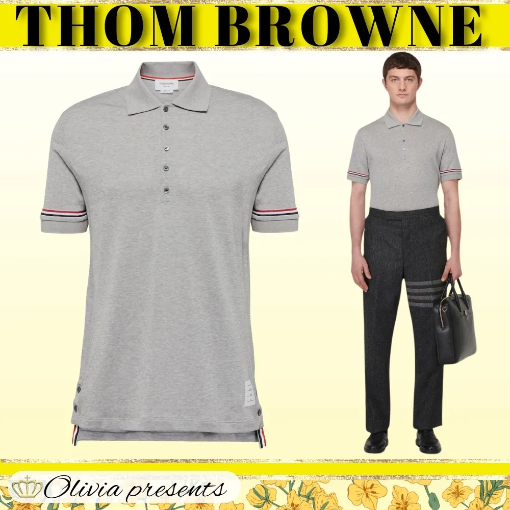 THOM BROWNE  |Pullovers Stripes Plain Cotton Short Sleeves Logo Designers