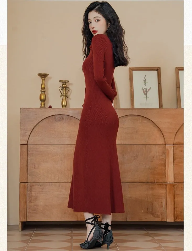 Vampire-Red Knitted Femme Fatale Dress