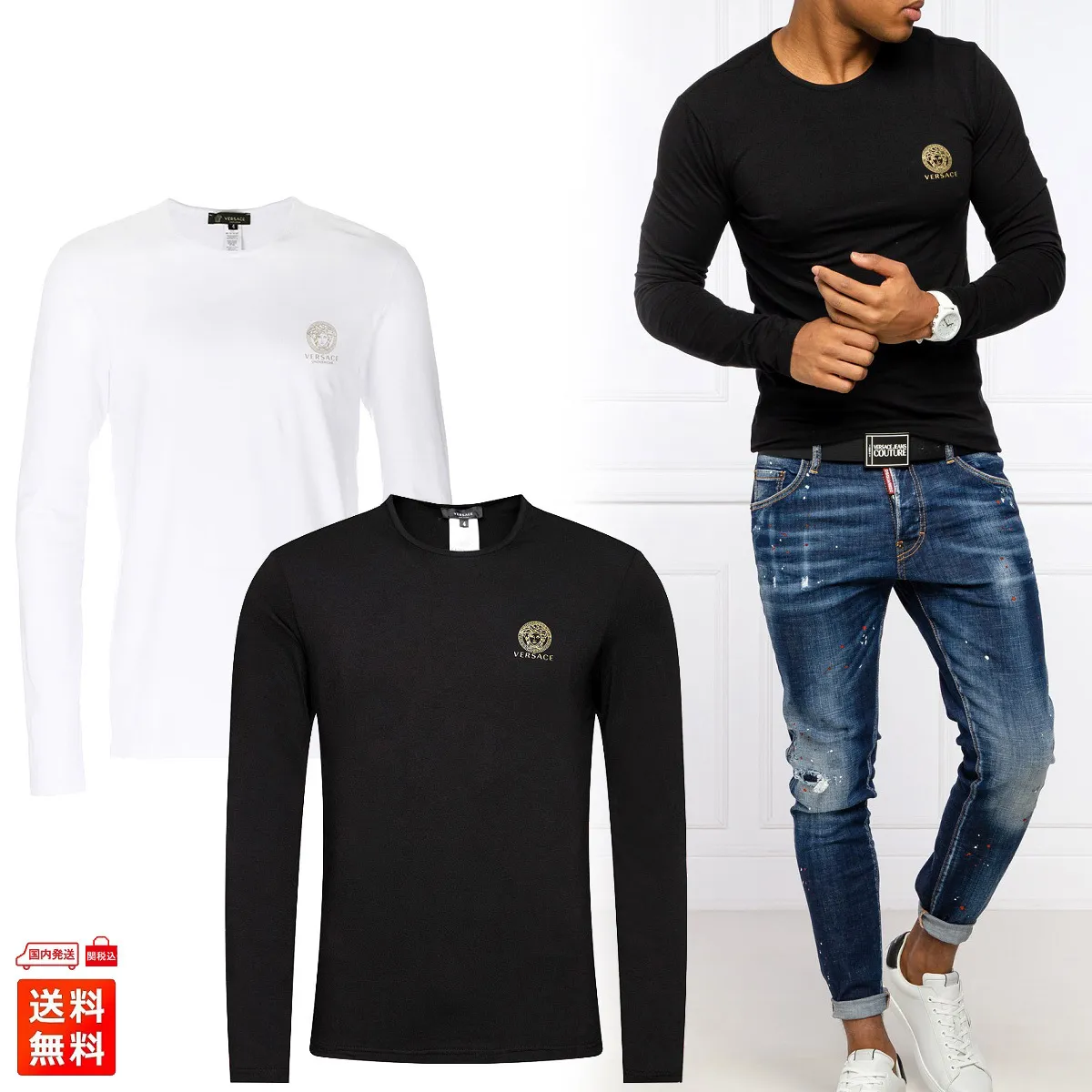 VERSACE  |Crew Neck Long Sleeves Cotton Long Sleeve T-shirt Logo