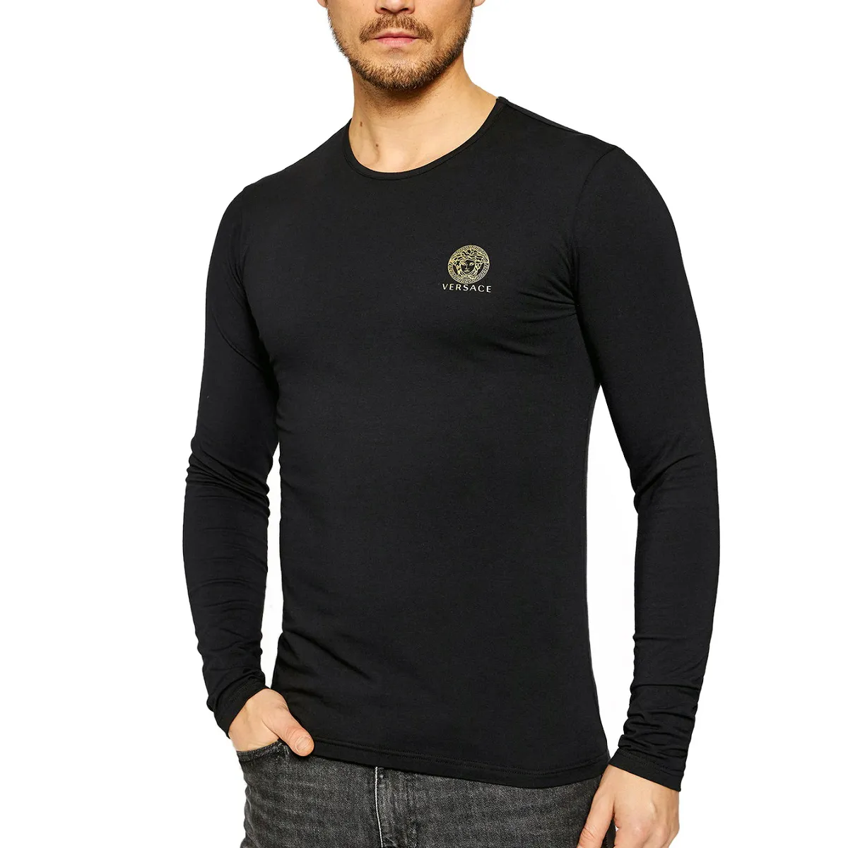 VERSACE  |Crew Neck Long Sleeves Cotton Long Sleeve T-shirt Logo