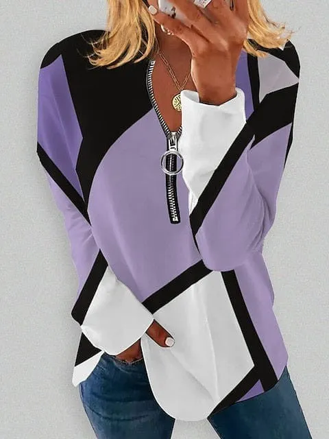 Versatile Women's Plus Size Zip Up Sweatshirt with Color Block Print