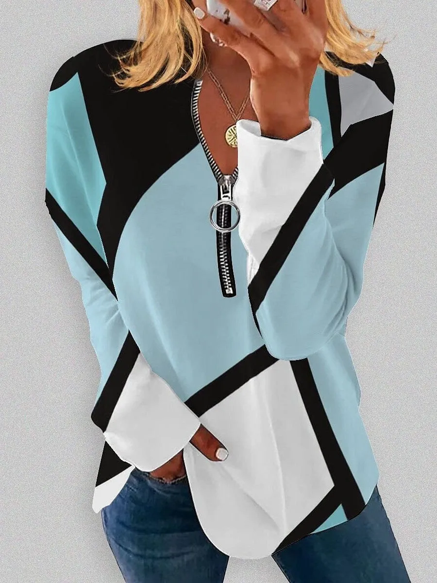 Versatile Women's Plus Size Zip Up Sweatshirt with Color Block Print