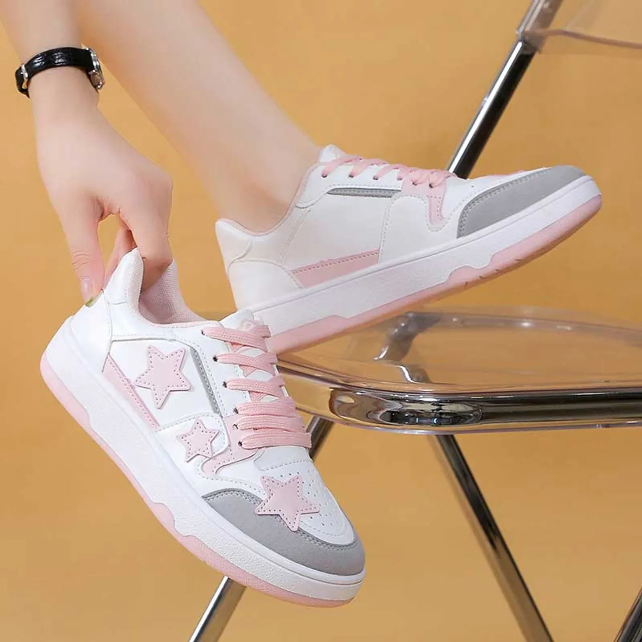 White pink star pattern print shoe sneaker