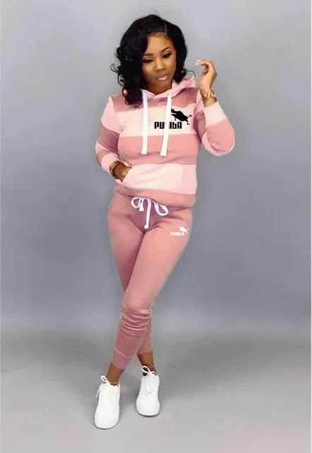 Winter Tracksuit Women 2 Piece Set Sweatshirt Print Hoodies+Pants Sportwear