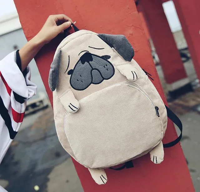 Women's Canvas Cute Dog Fox Ear Embroidery Corduroy Backpack Schoolbag