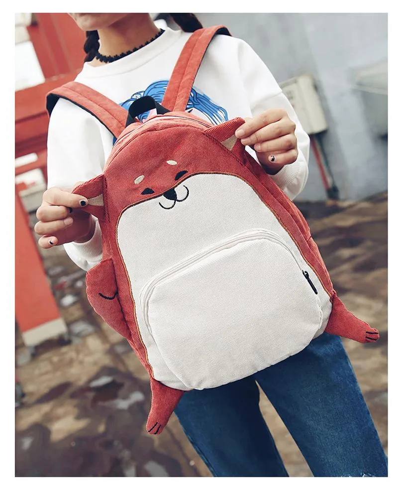 Women's Canvas Cute Dog Fox Ear Embroidery Corduroy Backpack Schoolbag